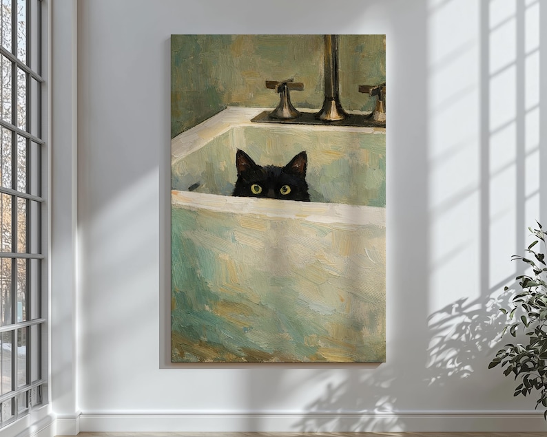 May include: A vertical painting shows a black cat peering over the edge of a white bathtub. The cat's yellow eyes are visible. The background features a green-toned bathroom with silver taps. The artwork has a painterly style.