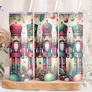 Pink and Green Nutcracker Pattern Tumbler, 20oz 30oz Skinny Christmas Drinkware, Festive Holiday Coffee Cup, Cute Nutcracker Holiday Gift