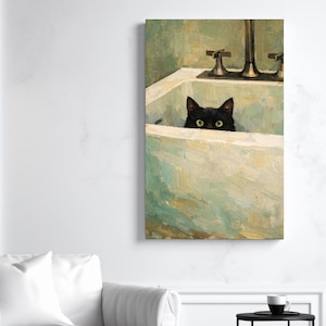 May include: A canvas print depicting a black cat in a white sink, with brass taps. The cat's yellow eyes are visible. The background is a muted green and beige, with a vintage aesthetic. The artwork has a painted look.