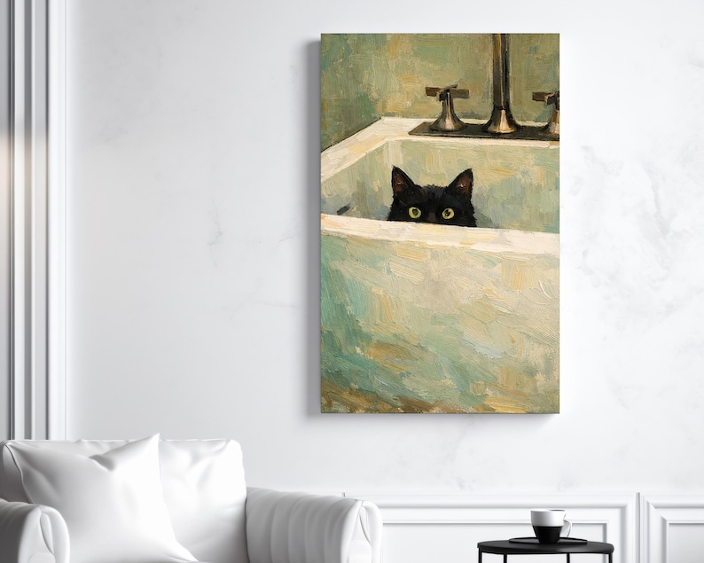 May include: A canvas print depicting a black cat in a white sink, with brass taps. The cat's yellow eyes are visible. The background is a muted green and beige, with a vintage aesthetic. The artwork has a painted look.