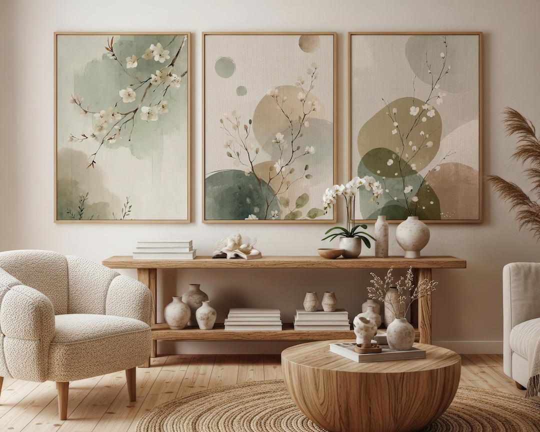 Sage Green Japandi Set of 3 Canvas Wall Art, Watercolor Botanical Home ...