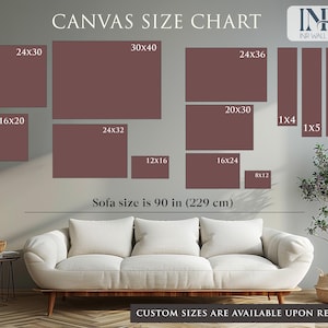 May include: A canvas size chart shows rectangular canvas sizes in brown, including 20x25 cm, 40x50 cm, and 60x76 cm. The text "CANVAS SIZE CHART" is at the top. The sofa size is 229 cm (90 in).