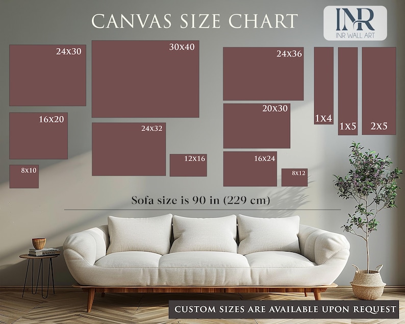May include: A canvas size chart shows rectangular canvas sizes in brown, including 20x25 cm, 40x50 cm, and 60x76 cm. The text "CANVAS SIZE CHART" is at the top. The sofa size is 229 cm (90 in).