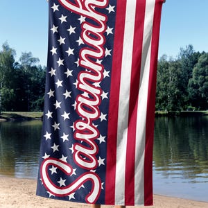 Custom Name US Flag Beach Towel, Personalized Flag Towel, Patriotic Gift, Summer Vacation Birthday Gift, Family Travel Gift, Pool Towel