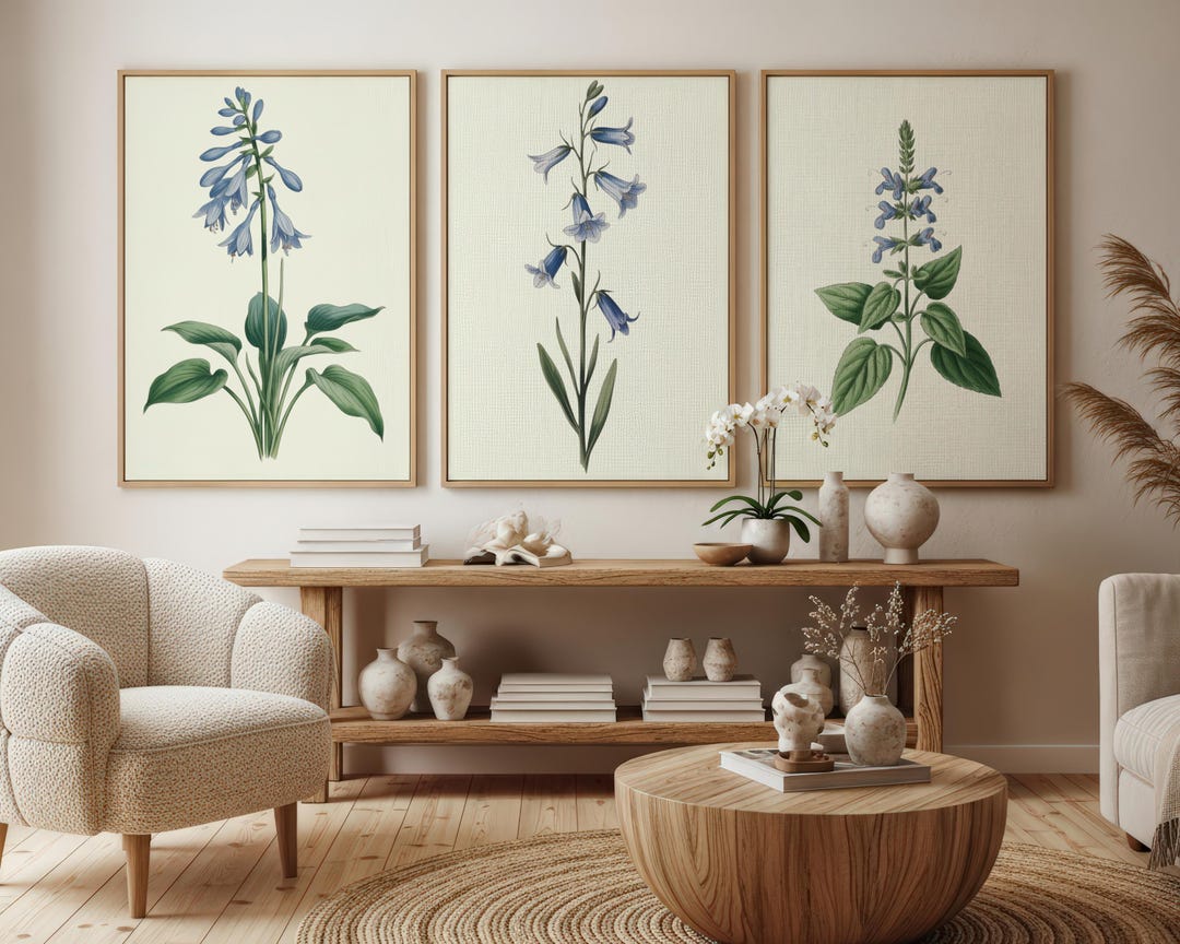 Blue Floral Set of 3 Prints, Whimsical Chinoiserie Canvas Wall Art ...