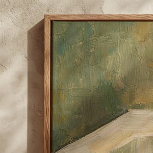 May include: An abstract oil painting in a natural wood frame. The artwork features a palette of greens, yellows, and whites, with visible brushstrokes creating a textured effect. The painting's composition suggests a landscape or still life.