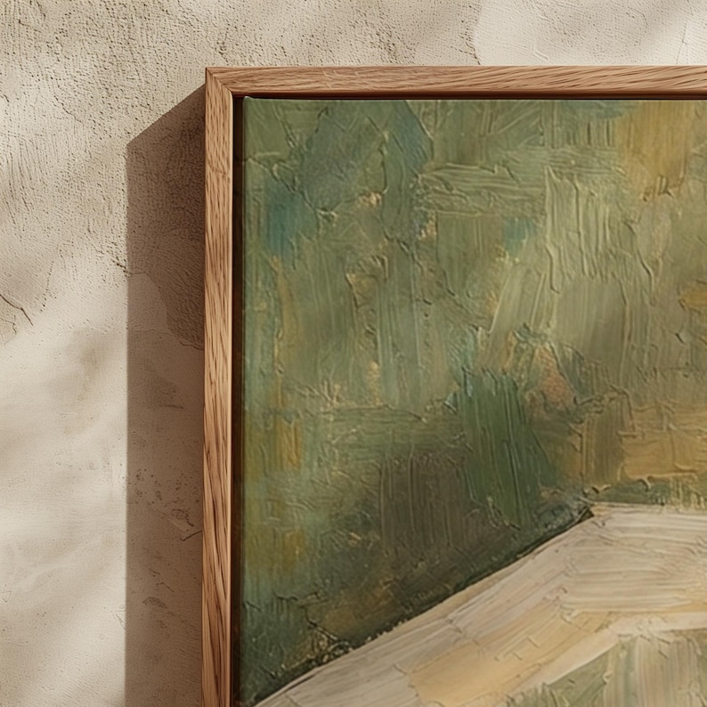 May include: An abstract oil painting in a natural wood frame. The artwork features a palette of greens, yellows, and whites, with visible brushstrokes creating a textured effect. The painting's composition suggests a landscape or still life.