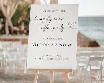 May include: A white sign on a wooden easel with the words "Welcome to Our Happily Ever After Party" in black script. The sign celebrates Victoria & Noah, with the date August 13, 2029, and the phrase "We're so glad you're here."