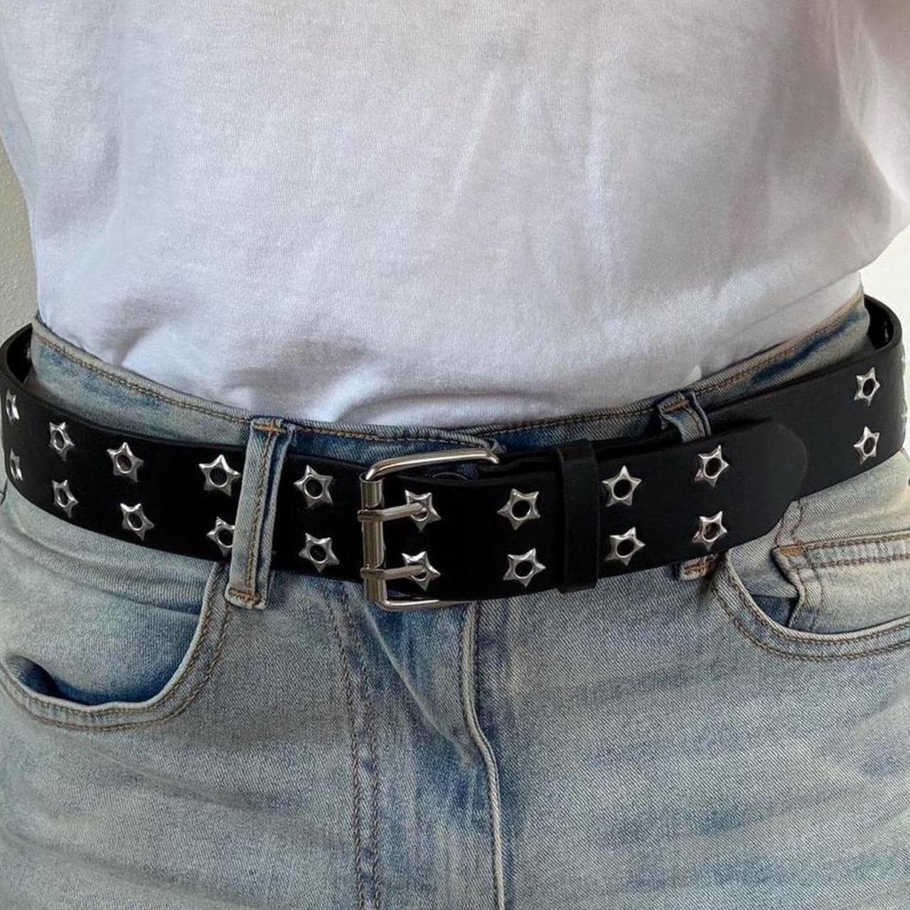 STUDDED STAR BELT | Vintage Y2k 2000s Black Grommet Belt