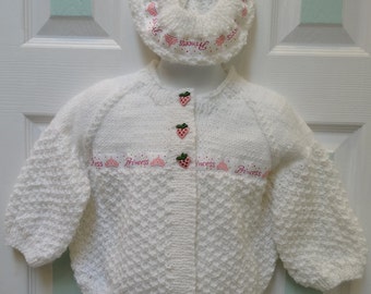 Sale,Handknitted, TODDLERS WHITE SWEATER Set:Little Princess, toddler 24 months, knitted sweater and hat set, 3 raspberry buttons