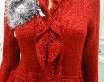 Sale, handknitted, RED SWEATER CARDIGAN, open front ,long sleeve,ruffled cuffs and ruffled trim front,neck  and hem,accent included