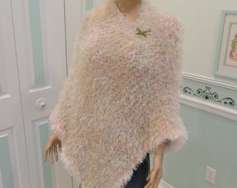 Sale,Handknitted, WOMEN'S PASTEL PONCHO, medium to large size, acrylic yarns, knitted in fun fur and worsted weight, Trimmed in pink fun fur