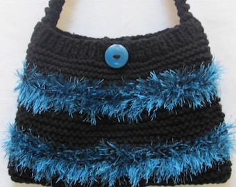 BLACK,HANDKNITTED, Handbag/Purse, sale item, knitted in double  yarn with aquamarine funfur trim,fully lined