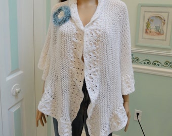 Sale,HandKnitted Shawl, UK-PRINCESS Catherine  style shawl, white, with removable hand crocheted brooch, lacey ruffled edges.