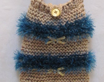 HANDKNITTED HANDBAG/PURSE, Sale item, beige heather wool, aquamarine fun fur, gold ribbon accents fully lined  with pocket