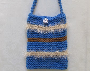 Sale item-HANDKNITTED HANDBAG/ PURSE,  Bright Blue, Designer style, shoulder bag,  knitted with ivory fun fur and a gold knitted band