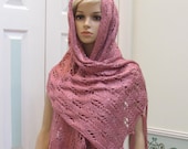 SALE KNIT , Shawl pashmina,Prayer shawl plum wine, original design, hand knitted in a soft, silky, light weight yarn,with a long fringe