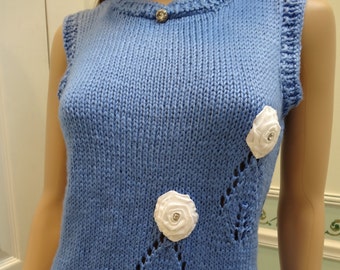 Sale ,HANDKNITTED WOMEN'S SWEATER, Periwinkle ,size medium, sleeveless, light weight, whites satin, floral, appliques, rhinestones