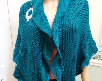 Sale,Handknitted, TEAL Shawl, UK -PRINCESS Catherine style, worsted weight, acrylic yarn, ruffled edge, included removable brooch