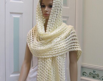 Handknitted, ELEGANT, Shawl/Pashmina, off  white, cream color,  light weight, open pattern, extra long