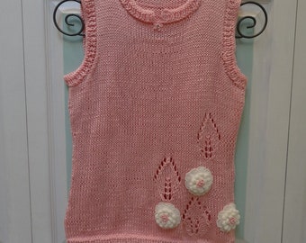 Sale ,Handknitted, WOMEN'S  KNIT SWEATER:sleeveless , pink , open leaf stitch, with white floral appliques
