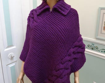 Sale item, WOMEN'S HANDKNITTED PONCHO, Dk Orchid, bulky knit weight, size  medium, double cable stitch, turtle neck collar, acrylic yarn