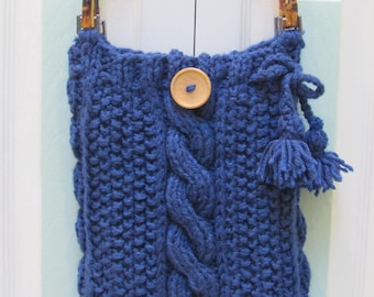 HANDKNITTED, HANDBAG/PURSE:Colonial Blue Knit,  knitted In a cable and seed stitch pattern, cotton lined