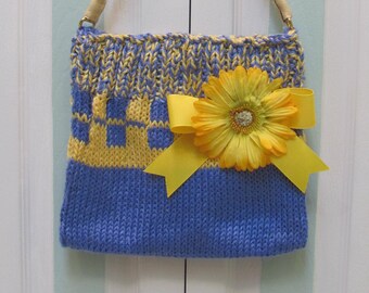 Sale-HANDKNITTED HANDBAG/PURSE:  Bright Blue and Sunshine yellow, Shoulder handbag/purse,  fully lined with leather handle