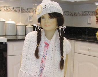 Handknitted, WHITE HAT & SCARF Set,  girl's, handknitted  yellow and white crocheted flower