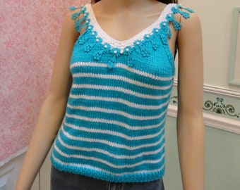 Sale, Women's Handknitted, SEXY  SWEATER: Turquoise / White, Sleeveless, Size medium , striped, embroided turquoise trim ,with white beads