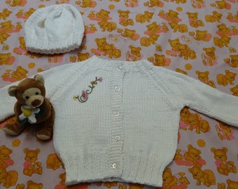 HANDKNITTED BABY SET, Sweater and hat , color white, size 9 to 12 months, soft Bernet baby yarn, embroided accents, 5 buttons