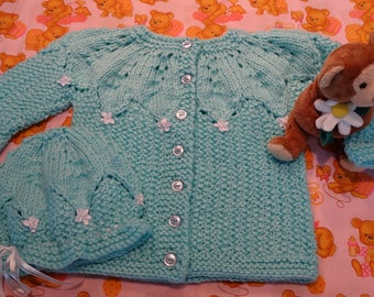 Sale item, Handknitted, BABY CARDIGAN, HAT set, Aqua yarn, size 12 to 18 months, 7 blue buttons, white satin ribbon trim, acrylic baby yarn