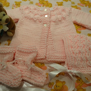 BABY,  Bright PINK Set, Sweater, hat, booties,  size 6 to 9 months, soft baby yarn, hand knitted, handknitted acrylic worsted weight yarn