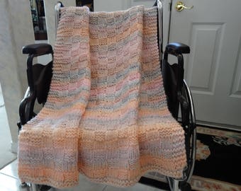 Hand Knitted Wheelchair Blanket: Peach Pink Grey Acrylic Afghan (42x47 inches)