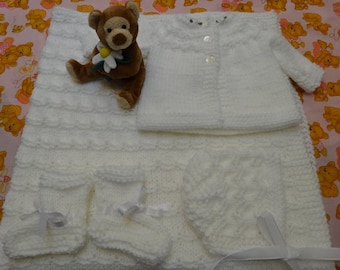 HANDKNITTED CHRISTENING SET, White, 5 piece set, infant to 6months, hat,  sweater , booties and blanket soft baby yarn