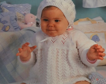 Hand Knitted Baby Christening Outfit: White Dress, Hat & Booties (6-12 Months)