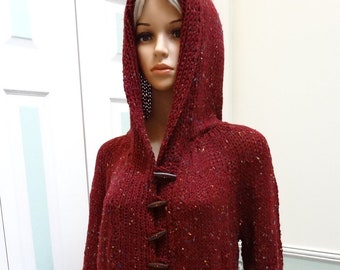 HANDKNITTED SWEATER/ COAT, Lore Hoodie, medium to large,  knitted in a Cranberry fleck, heather  yarn , with wooden toggles