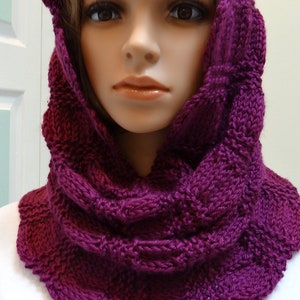 HOODIE SCARF/COWL: Magenta rushed, soft and silky worsted weight yarn, can be worn as a hoodie.hand knitted