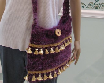 Sale item-WOMEN'S HANDKNITTED HANDBAG: Aubergine/ Purple, made of imported, turkish yarn and acrylic wool in cranberry