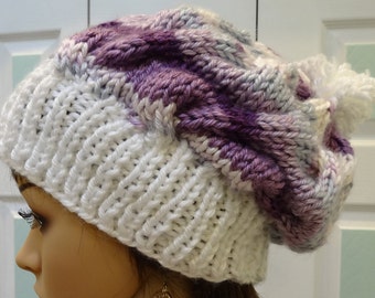 sale-WOMEN'S HANDKNITTED, WHITE Hat, -slouchy styles, purple, lavender, grey, white, bulky knit, cable stitch, acrylic ,one size fits all
