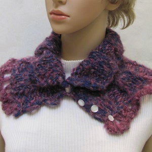 PURPLE TURTLE NECK cowl/scarf, 7  pearl button front, shoulder cover-up, imported mohair purple/mauve  heather