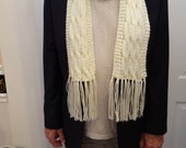 Handknitted, mens ,OFF WHITE SCARF unisex, extra long 75 inches, fringed, soft and silky, worsted weight, triple cable stitch