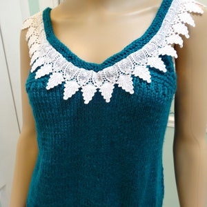 Sale, HANDKNITTED WOMEN'S SWEATER,Teal, Sexy sweater, white embroidered, lace trim and crystal beads, Size medium image 1