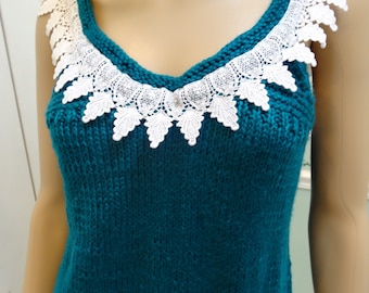 Sale, HANDKNITTED WOMEN'S SWEATER,Teal, Sexy sweater, white embroidered, lace trim and crystal beads, Size medium