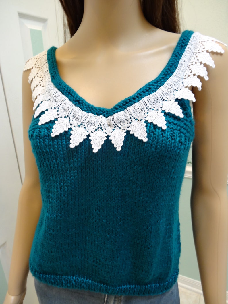 Sale, HANDKNITTED WOMEN'S SWEATER,Teal, Sexy sweater, white embroidered, lace trim and crystal beads, Size medium image 1