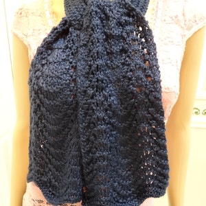 Handknitted, Navy Blue scarf, COUNTESS OF BATHORY of Hungary Scarf, 48 inches long, knitted in Feather and fan pattern stitch image 2