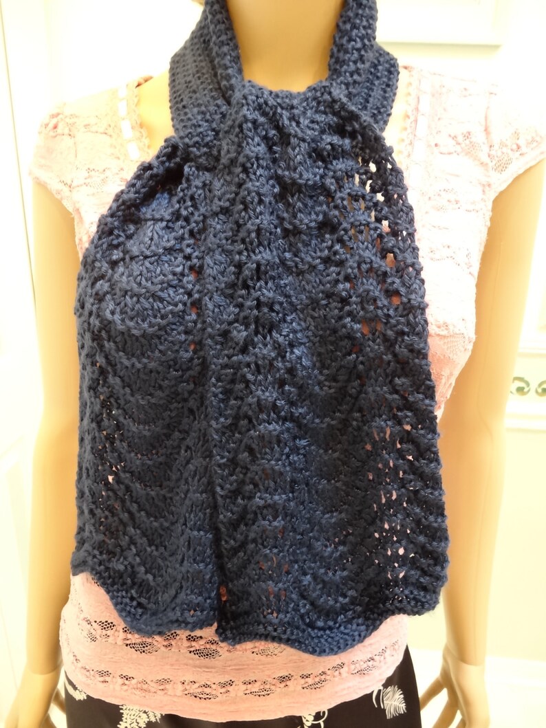 Handknitted, Navy Blue scarf, COUNTESS OF BATHORY of Hungary Scarf, 48 inches long, knitted in Feather and fan pattern stitch image 2