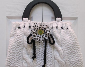 HANDKNITTED WHITE HANDBAG/ Purse: Knit, Summer sale item, Designer style, knitted in a cable and seed stitch , fully lined, with a pocket