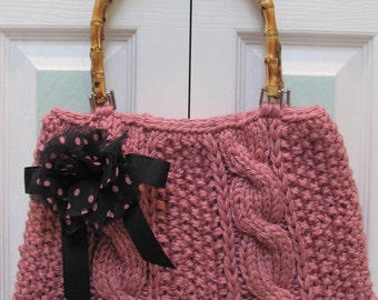 HANDKNITTED HANDBAG /PURSE:Plum Rose,  Large, knitted in  a cable stitch, fully lined, with wood bamboo handles and silk flower