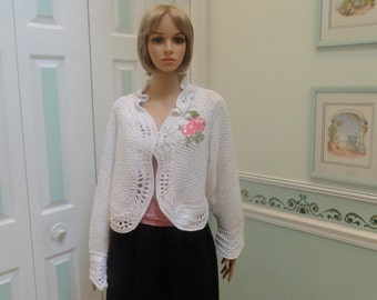 WOMEN'S HANDKNITTED, White Sweater, light weight, designer style , ladies, lacey open pattern stitch, medium sized, floral beaded applique